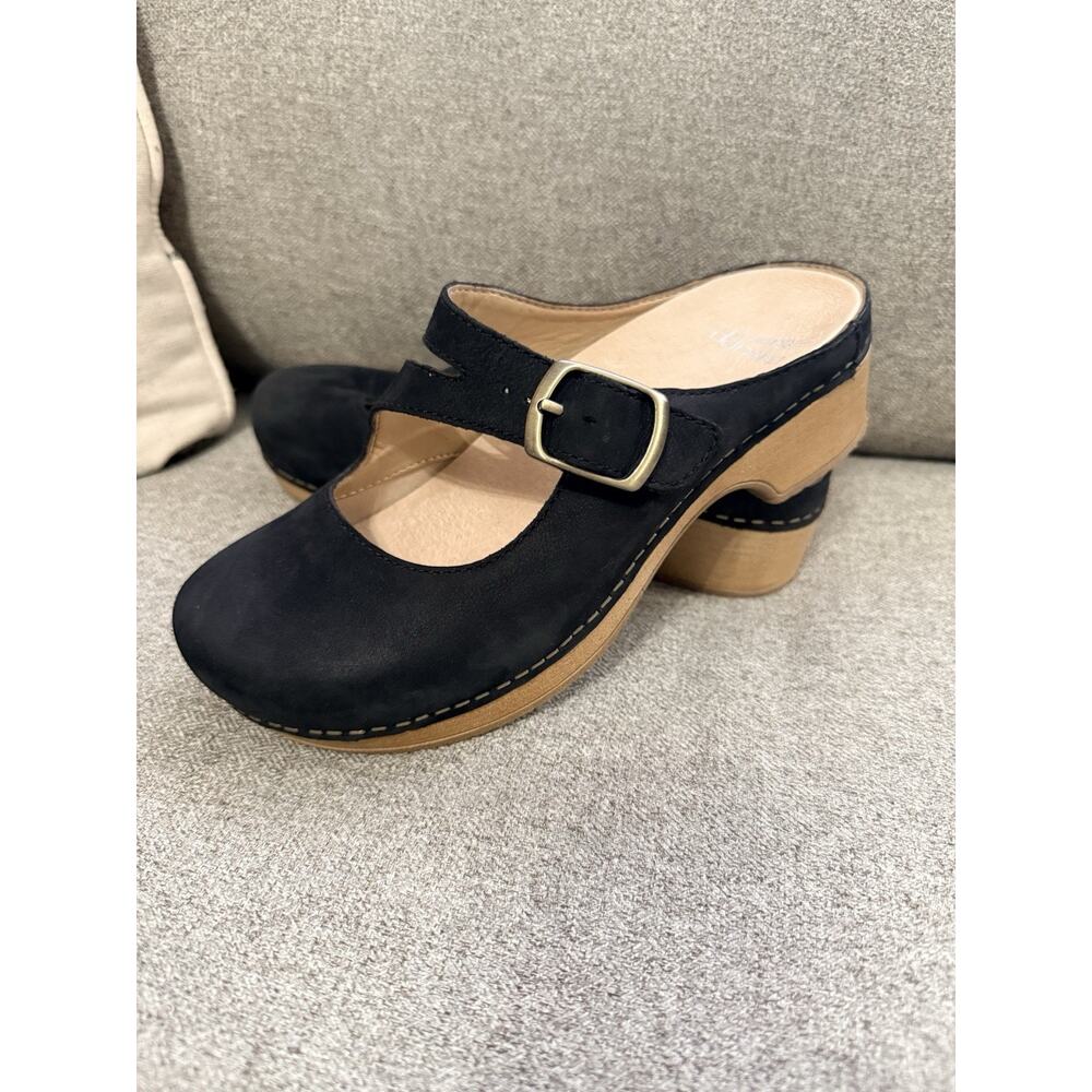Dansko Black Suede Clog Mules with Tan Wood-Look Heel